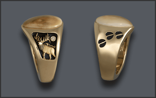 Men's Elk Ivory Ring With Bull Elk Diamond and Tracks on Side SideViews