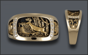 Men's Custom Jumping Whitetail Deer Ring With Diamonds